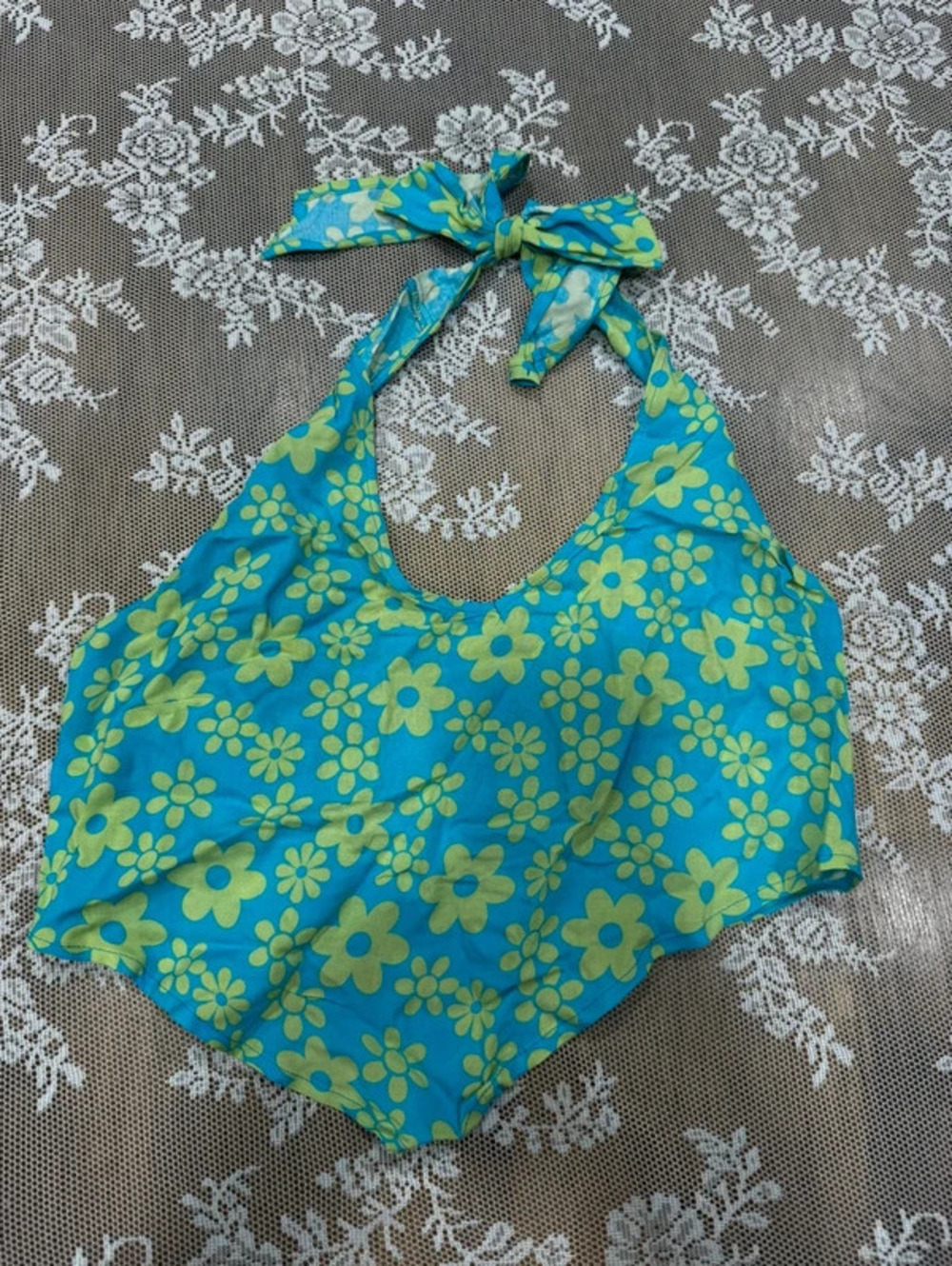 blue and green flower halter top